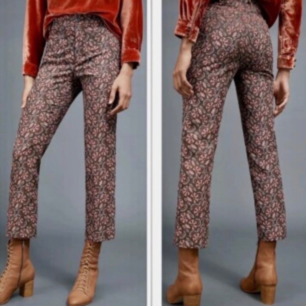 Anthropologie Womens 6 Essential Slim Jacquard Trousers Floral Career Chic